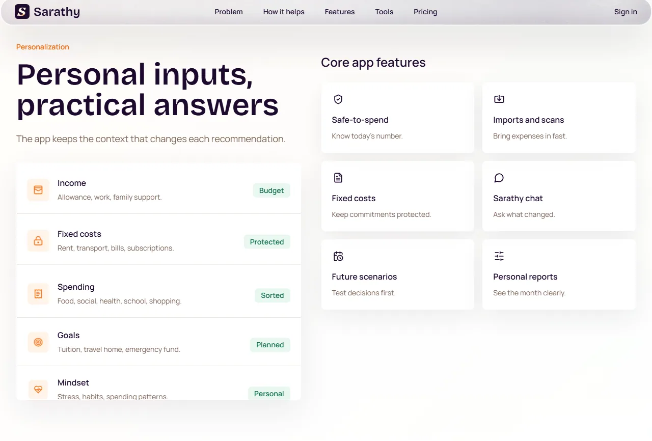 Sarathy MVP core app features section.
